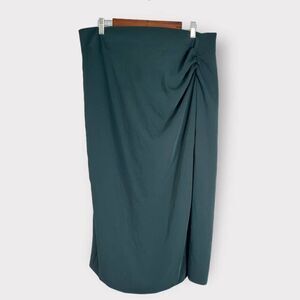 Mango MNG Dark Green Ruched Side Midi Straight Skirt Women's Plus Size XXL NWOT